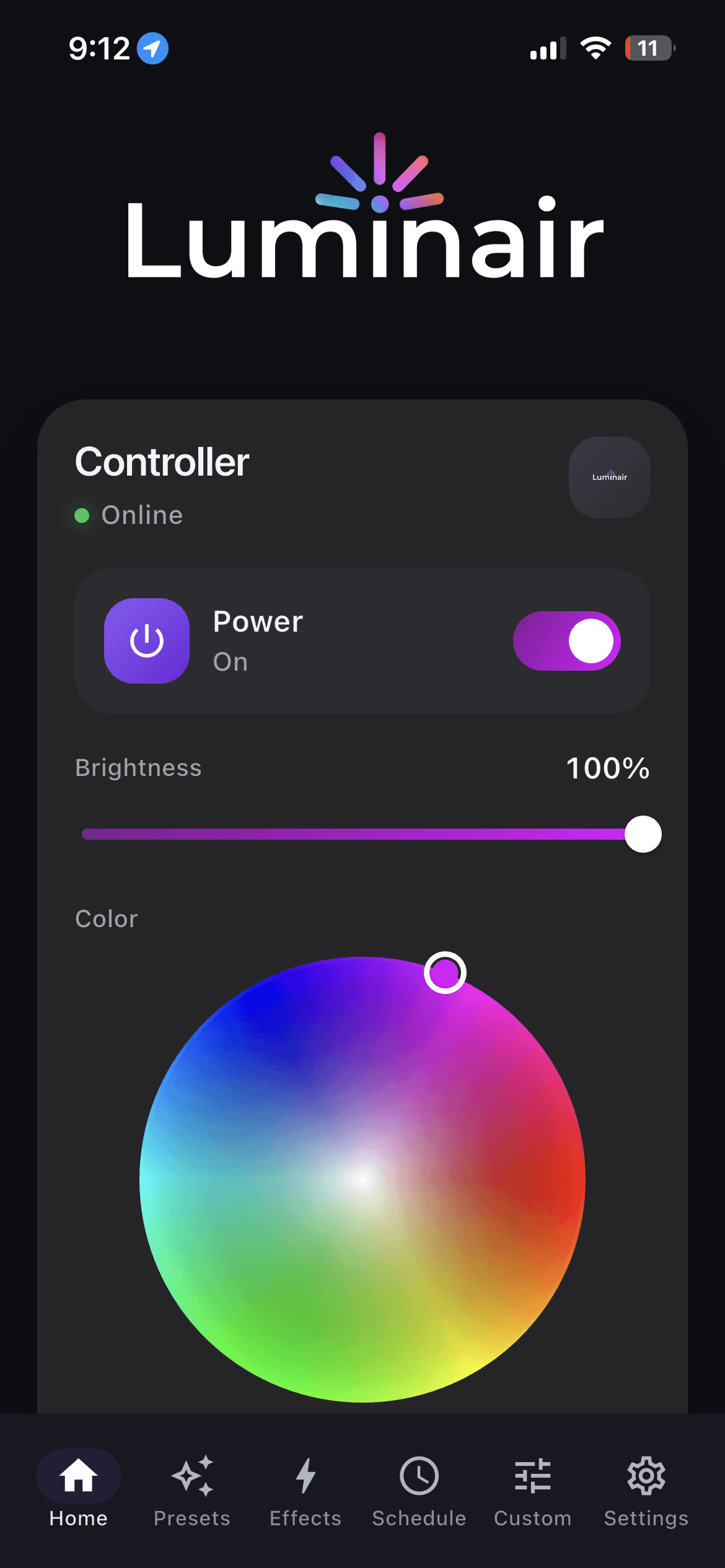 Luminair app home screen with main controls